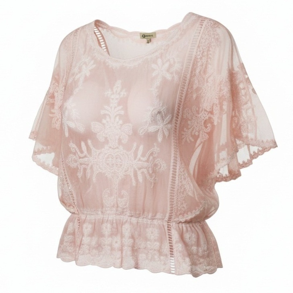 DEMOCRACY Women Top XL Pink Lace Embroidered Flutter Sleeve Boho Peplum Romantic